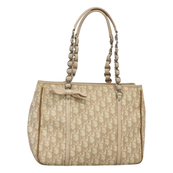 Christian Dior Trotter Canvas Romantic Bag PVC Beige Silver Auth bs26382