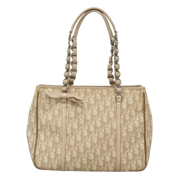Christian Dior Trotter Canvas Romantic Bag PVC Beige Silver Auth bs26382