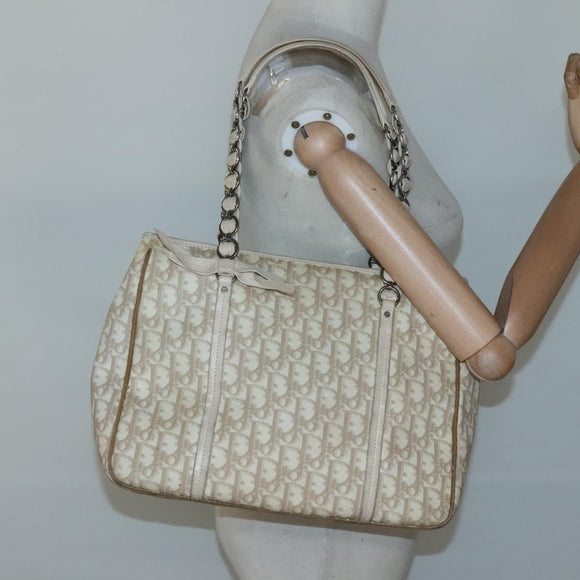Christian Dior Trotter Canvas Romantic Bag PVC Beige Silver Auth bs26382