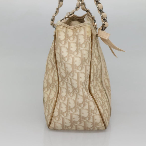 Christian Dior Trotter Canvas Romantic Bag PVC Beige Silver Auth bs26382