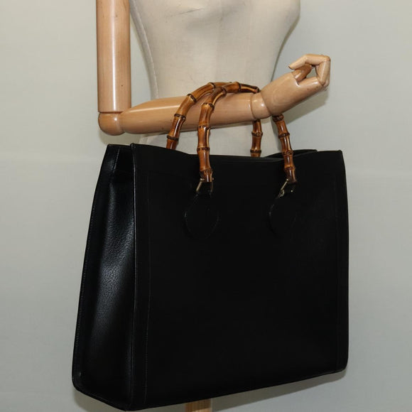 GUCCI Bamboo Hand Bag Leather Black Gold 002 1186 0259 Auth bs26393