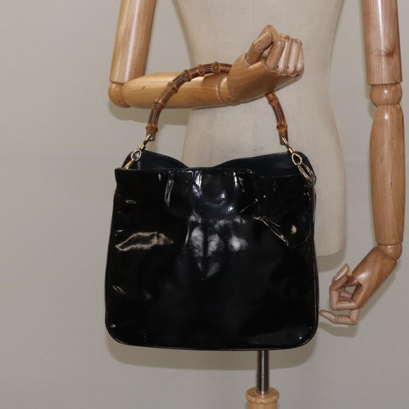 GUCCI Bamboo Hand Bag Enamel Black Gold 001 1014 1638 0 Auth bs26395
