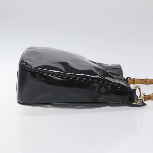 GUCCI Bamboo Hand Bag Enamel Black Gold 001 1014 1638 0 Auth bs26395