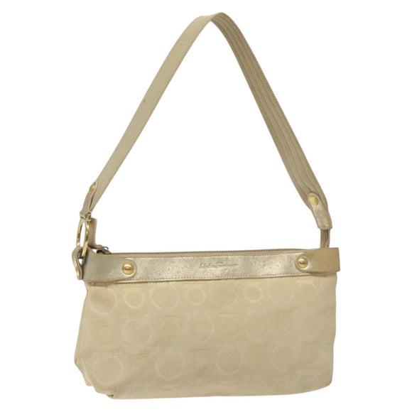 Salvatore Ferragamo Gancini Shoulder Bag Canvas Beige Gold Auth bs26398