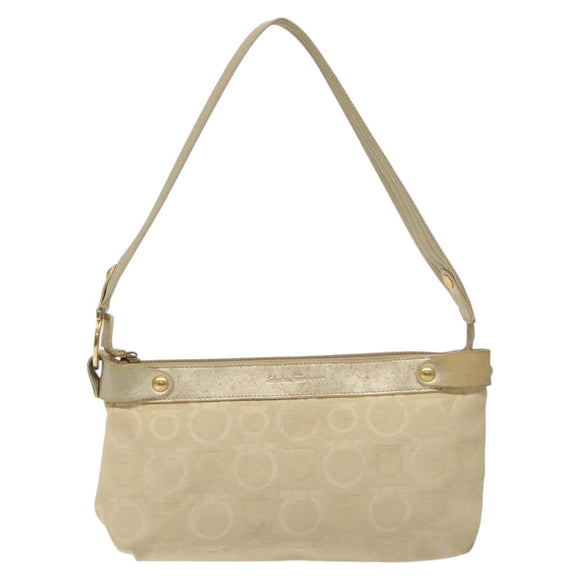 Salvatore Ferragamo Gancini Shoulder Bag Canvas Beige Gold Auth bs26398