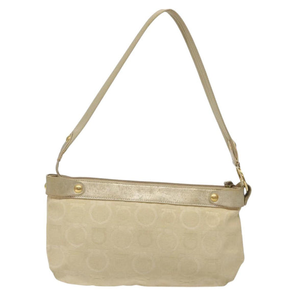Salvatore Ferragamo Gancini Shoulder Bag Canvas Beige Gold Auth bs26398