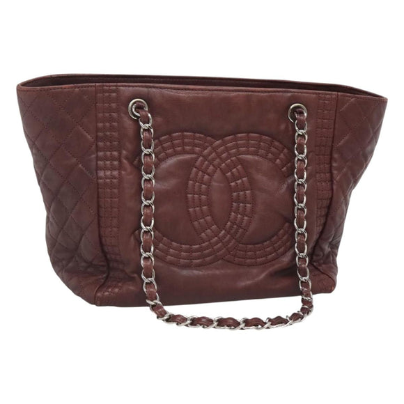 CHANEL Chain Shoulder Bag Lamb Skin Brown Silver CC Auth bs26406