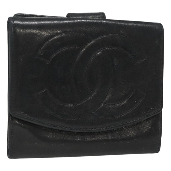 CHANEL Bifold Wallet Lamb Skin Black CC Auth bs26407