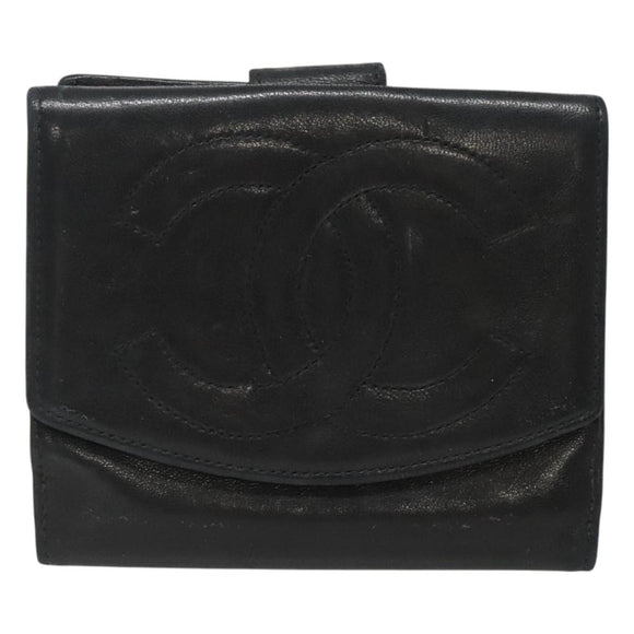 CHANEL Bifold Wallet Lamb Skin Black CC Auth bs26407