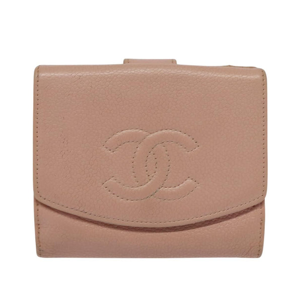CHANEL Bifold Wallet Caviar Skin Pink CC Auth bs26408