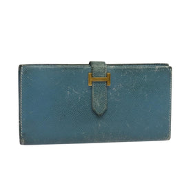 HERMES Bean Long Wallet Leather Blue Auth bs26436
