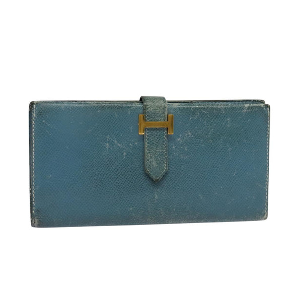 HERMES Bean Long Wallet Leather Blue Auth bs26436