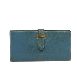 HERMES Bean Long Wallet Leather Blue Auth bs26436 - 0
