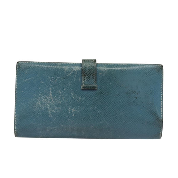 HERMES Bean Long Wallet Leather Blue Auth bs26436