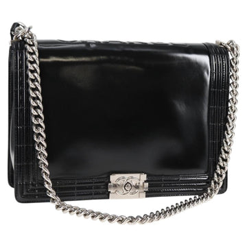 CHANEL Chain Boy Chanel Shoulder Bag Leather Black Silver CC Auth bs26444A