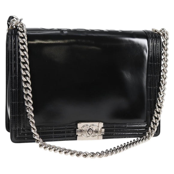 CHANEL Chain Boy Chanel Shoulder Bag Leather Black Silver CC Auth bs26444A