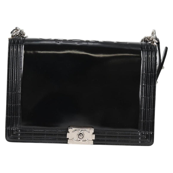 CHANEL Chain Boy Chanel Shoulder Bag Leather Black Silver CC Auth bs26444A