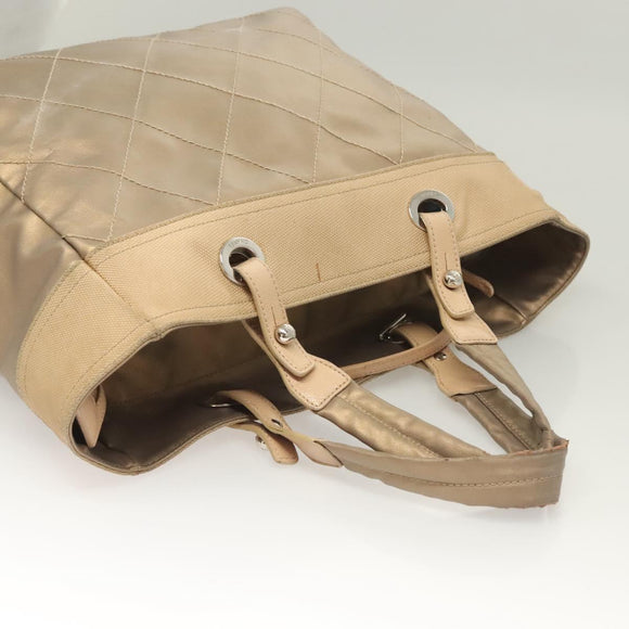 CHANEL Paris Biarritz MM Tote Bag Coated Canvas Beige Silver CC Auth bs26552