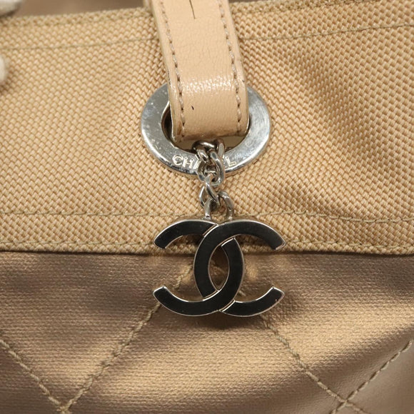 CHANEL Paris Biarritz MM Tote Bag Coated Canvas Beige Silver CC Auth bs26552