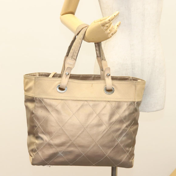 CHANEL Paris Biarritz MM Tote Bag Coated Canvas Beige Silver CC Auth bs26552