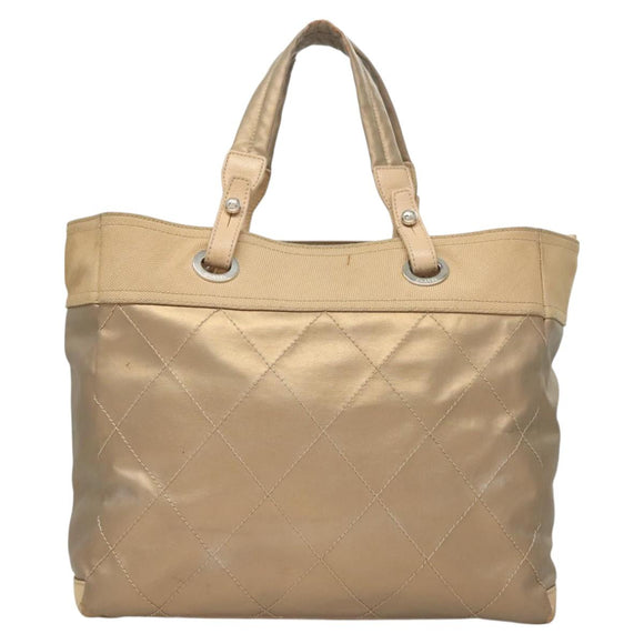 CHANEL Paris Biarritz MM Tote Bag Coated Canvas Beige Silver CC Auth bs26552