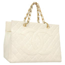 CHANEL Matelasse Chain Hand Bag Caviar Skin White Gold CC Auth bs26565-1