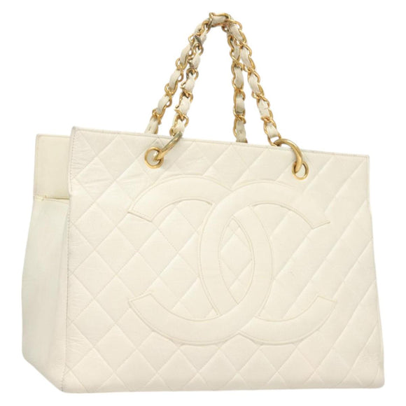 CHANEL Matelasse Chain Hand Bag Caviar Skin White Gold CC Auth bs26565