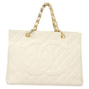 CHANEL Matelasse Chain Hand Bag Caviar Skin White Gold CC Auth bs26565-13