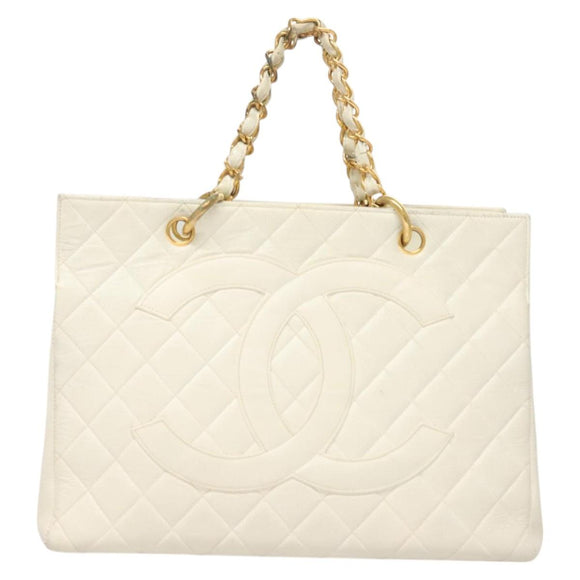 CHANEL Matelasse Chain Hand Bag Caviar Skin White Gold CC Auth bs26565