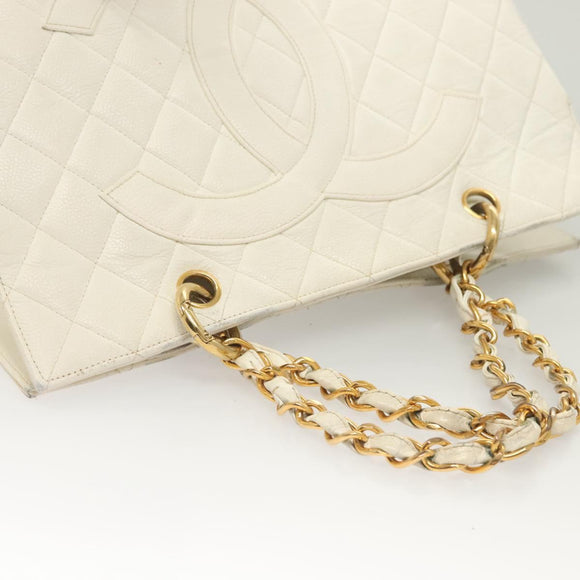 CHANEL Matelasse Chain Hand Bag Caviar Skin White Gold CC Auth bs26565