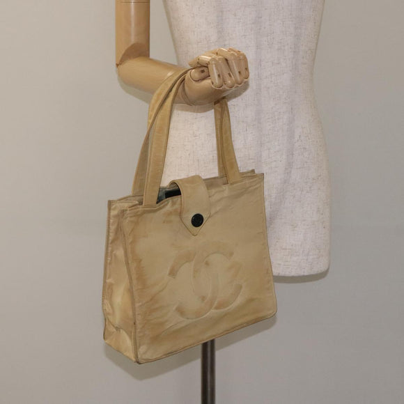 CHANEL Tote Bag Nylon Beige Gold CC Auth bs26566