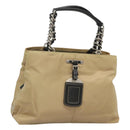 PRADA Chain Tote Bag Nylon Leather Beige Silver Auth bs26581-1