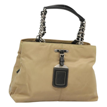 PRADA Chain Tote Bag Nylon Leather Beige Silver Auth bs26581
