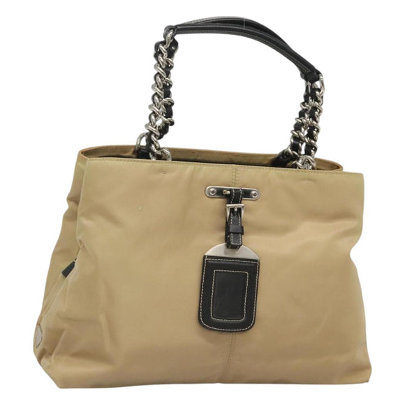 PRADA Chain Tote Bag Nylon Leather Beige Silver Auth bs26581