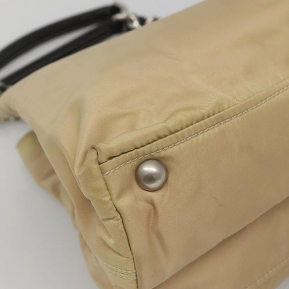 PRADA Chain Tote Bag Nylon Leather Beige Silver Auth bs26581