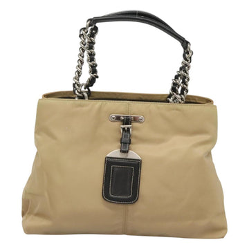 PRADA Chain Tote Bag Nylon Leather Beige Silver Auth bs26581 - 0