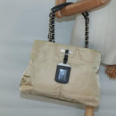 PRADA Chain Tote Bag Nylon Leather Beige Silver Auth bs26581-25