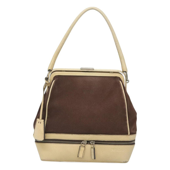 PRADA Shoulder Bag Canvas Leather Brown Silver Auth bs26588
