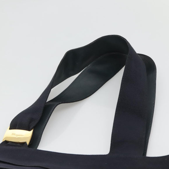 Salvatore Ferragamo Vala Tote Bag Canvas Leather Navy Gold Auth bs26595