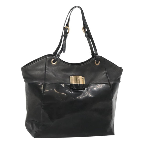 Salvatore Ferragamo Vera Shoulder Bag Enamel Black Gold Auth bs26598