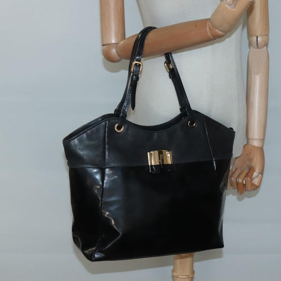 Salvatore Ferragamo Vera Shoulder Bag Enamel Black Gold Auth bs26598