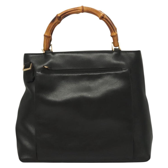 GUCCI Bamboo Hand Bag Leather 2way Black Gold 002 2058 0508 0 Auth bs26604