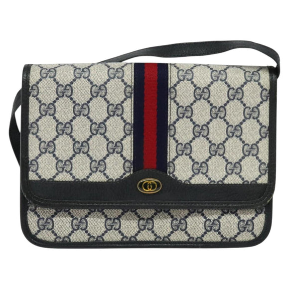 GUCCI GG Supreme Sherry Line Shoulder Bag PVC Navy Gold Auth bs26615