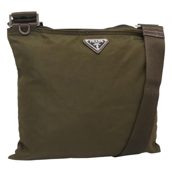 PRADA Shoulder Bag Nylon Khaki Silver Auth bs26652
