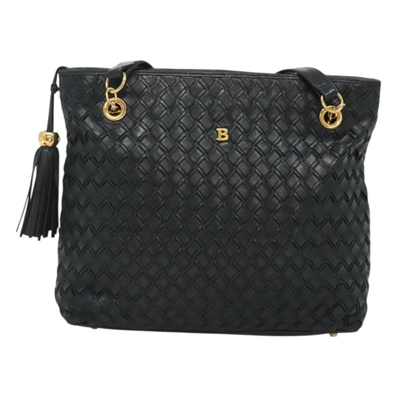 BALLY Shoulder Bag Leather Navy Gold Auth bs26667