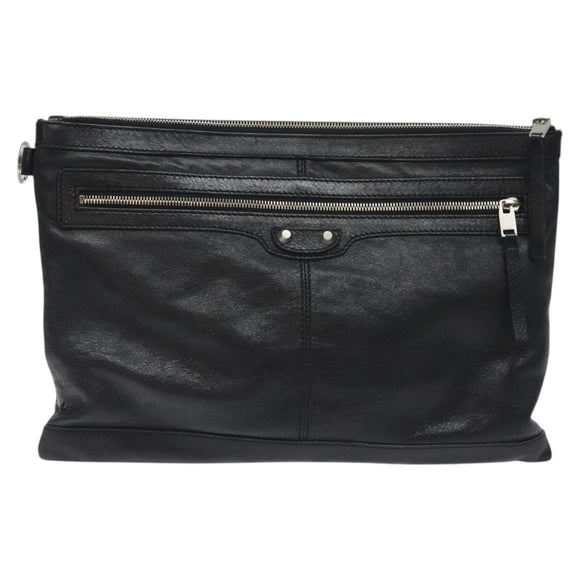BALENCIAGA Clip L Clutch Bag Leather Black Silver 273023 Auth bs26675