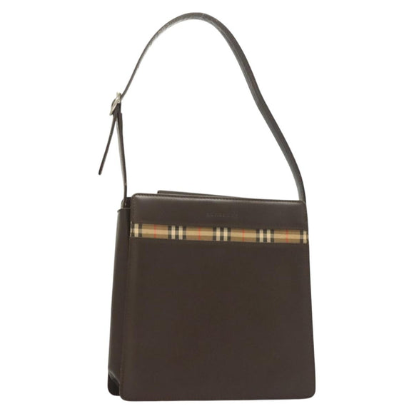 BURBERRY Nova Check Shoulder Bag Leather Brown Silver Auth bs26690