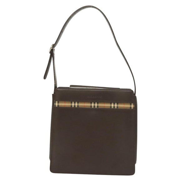 BURBERRY Nova Check Shoulder Bag Leather Brown Silver Auth bs26690