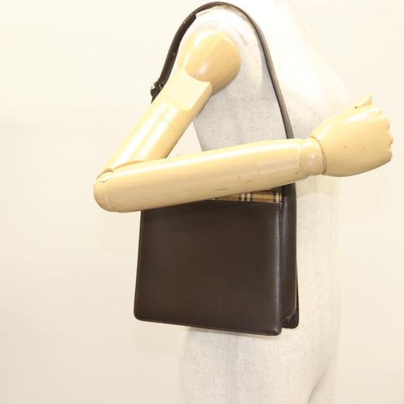 BURBERRY Nova Check Shoulder Bag Leather Brown Silver Auth bs26690