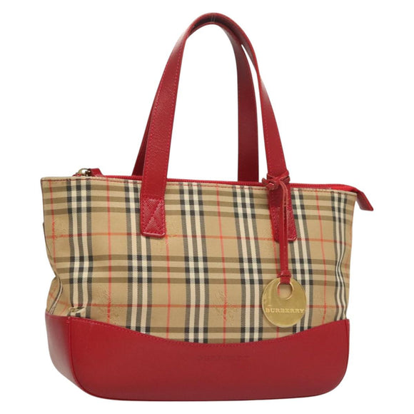 BURBERRY Nova Check Hand Bag Canvas Leather Red Gold Auth bs26691